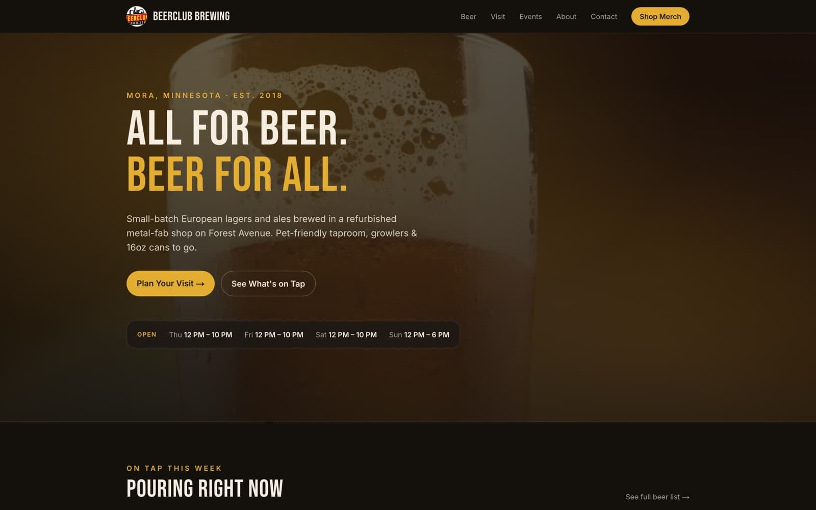 BeerClub Brewing demo site — beer glass hero with bold headline