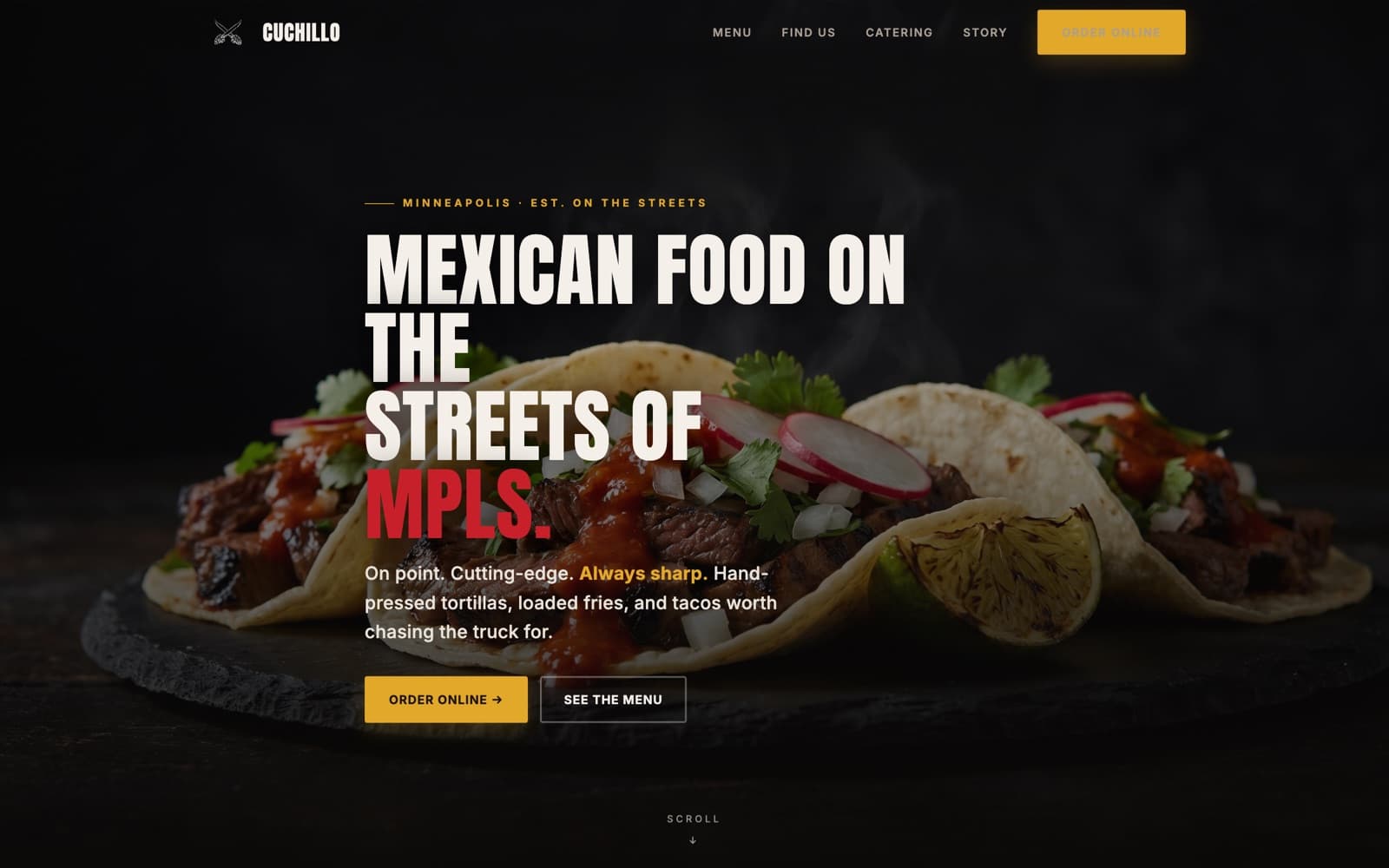 Cuchillo concept site — bold headline over street tacos