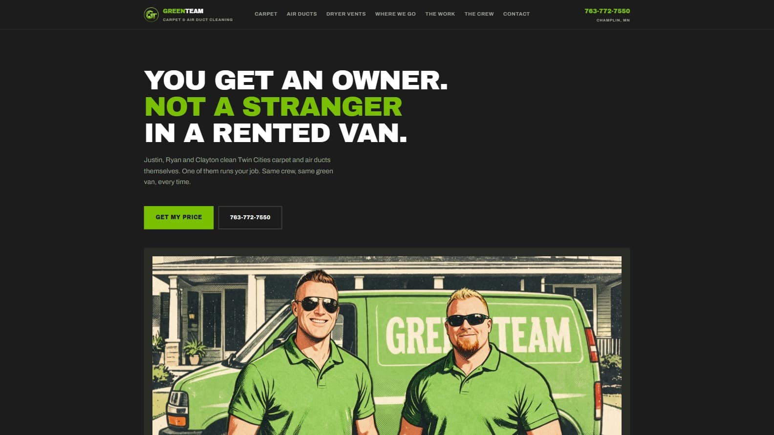 Green Team site, a bold headline over an illustration of two owners in front of their green van