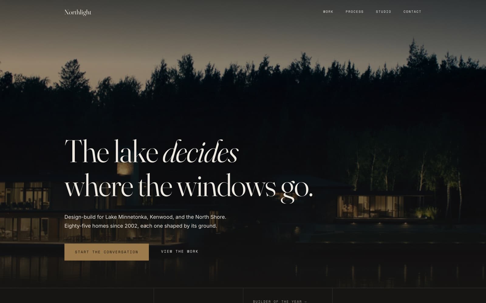 Northlight concept site — serif headline over a lakeside home at dusk