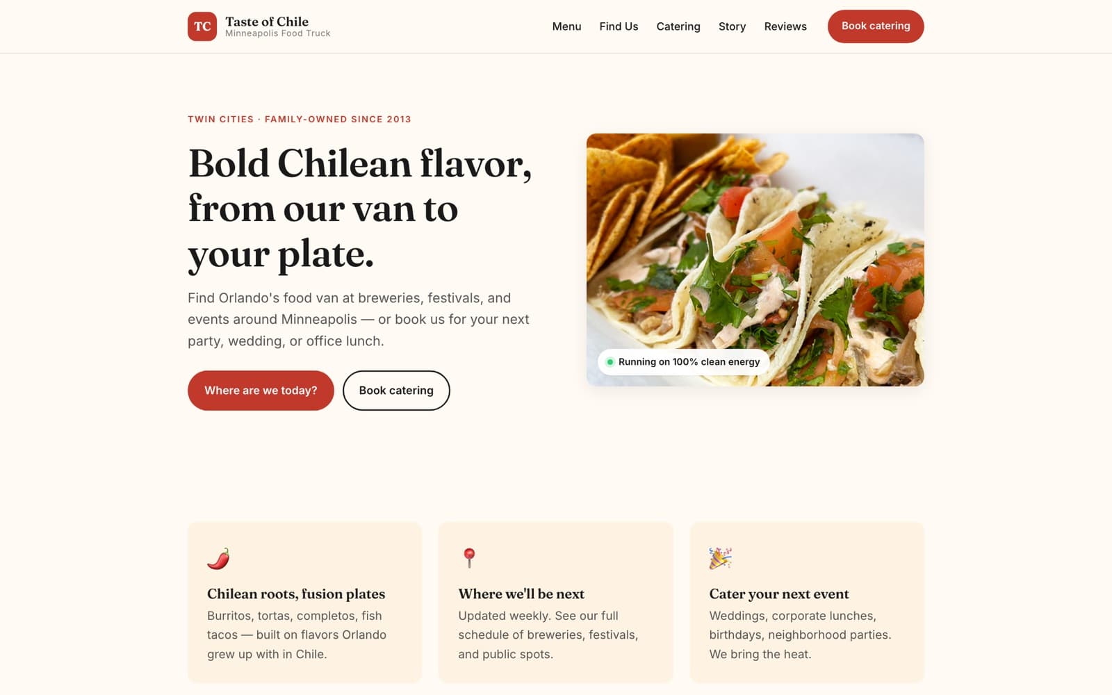 Taste of Chile site — warm hero with food photography