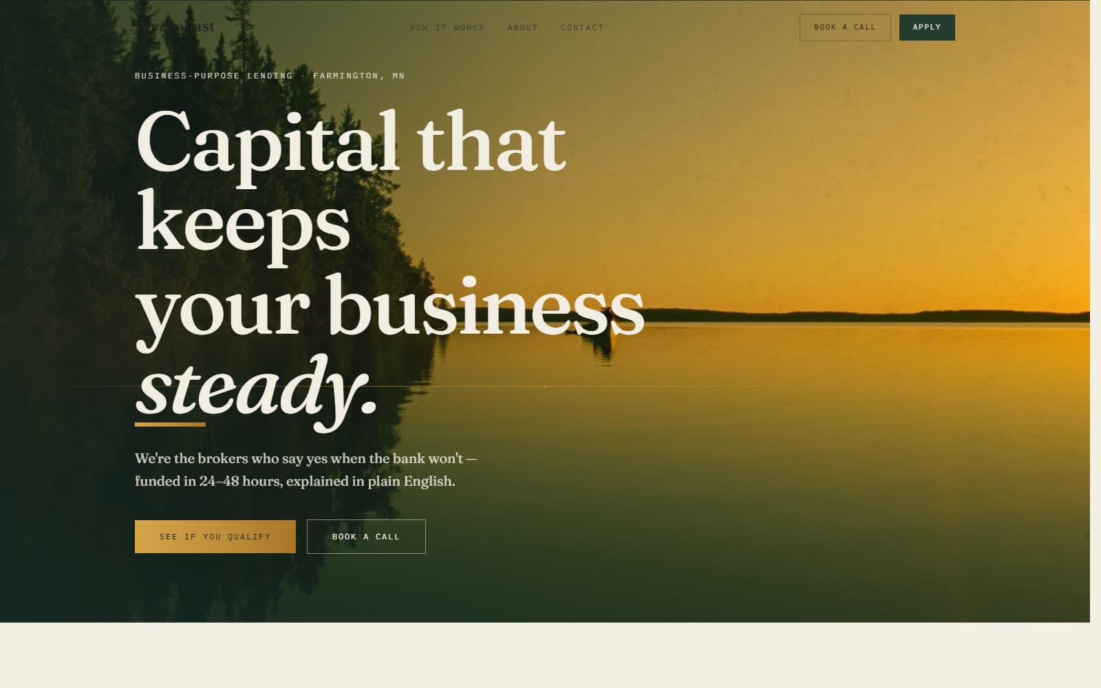 Trueballast Financial site — serif headline over a still lake at golden hour