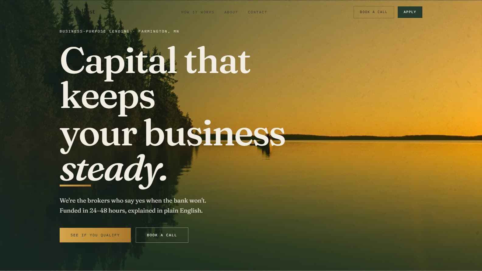 Trueballast Financial site, a serif headline over a still lake at golden hour